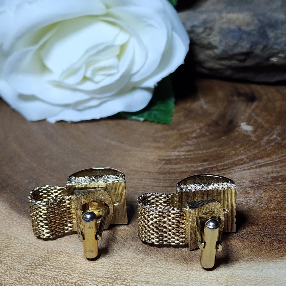 Vintage RARE Gold Tone Mesh Wrap Cufflinks Faux Topaz Citrine Colored Gemstones